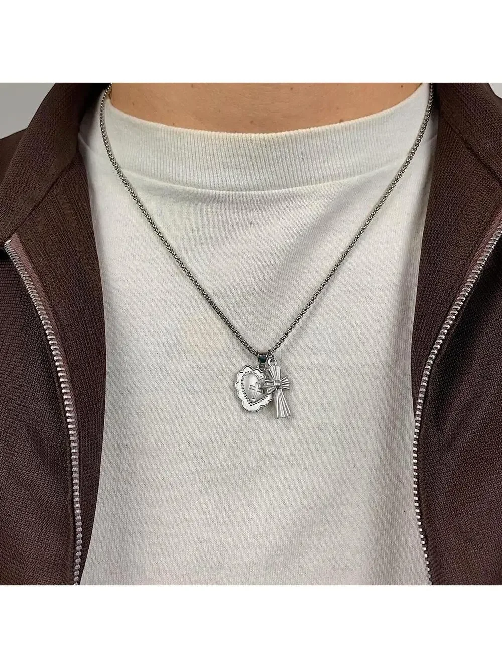 Y2k grunge style Silver stainless steel gothic cross and heart shaped pendant